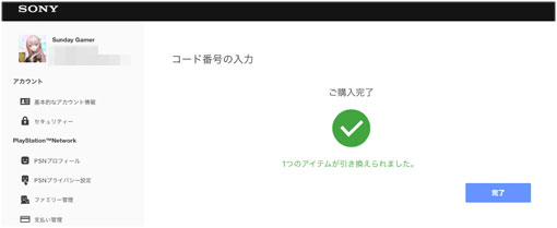 PlayStation Network コード入力完了
