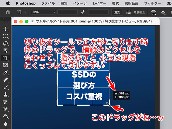 親指型のトラックボールが苦手とする動きの例 枠をピクセル単位で合わせる作業