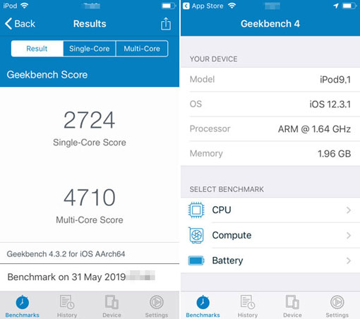 iPod touch 7のベンチマーク Geekbench 4