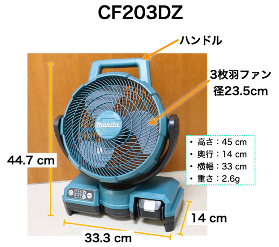 CF203DZの正面観とサイズ
