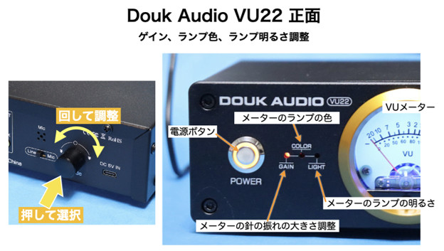 Douk Audio VU22 正面観 ゲイン、ランプ色、ランプ明るさ調整