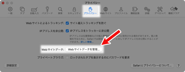 Mac Safari 設定 プライバシー Webサイトデータ Webサイトデータを管理…